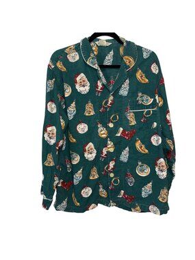 Vintage Banana Republic Green Christmas Pajama Top With Santa & Ornament Print